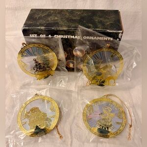 Gold Christmas Ornaments Metallic Vintage Hologram Look Deer Santa Tree Angel